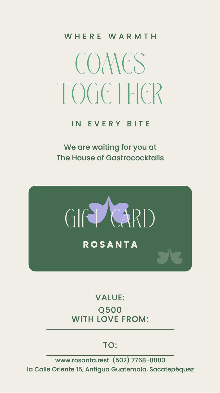 Rosanta gift card design with a Q500 value and space to write who it is from and who it is for