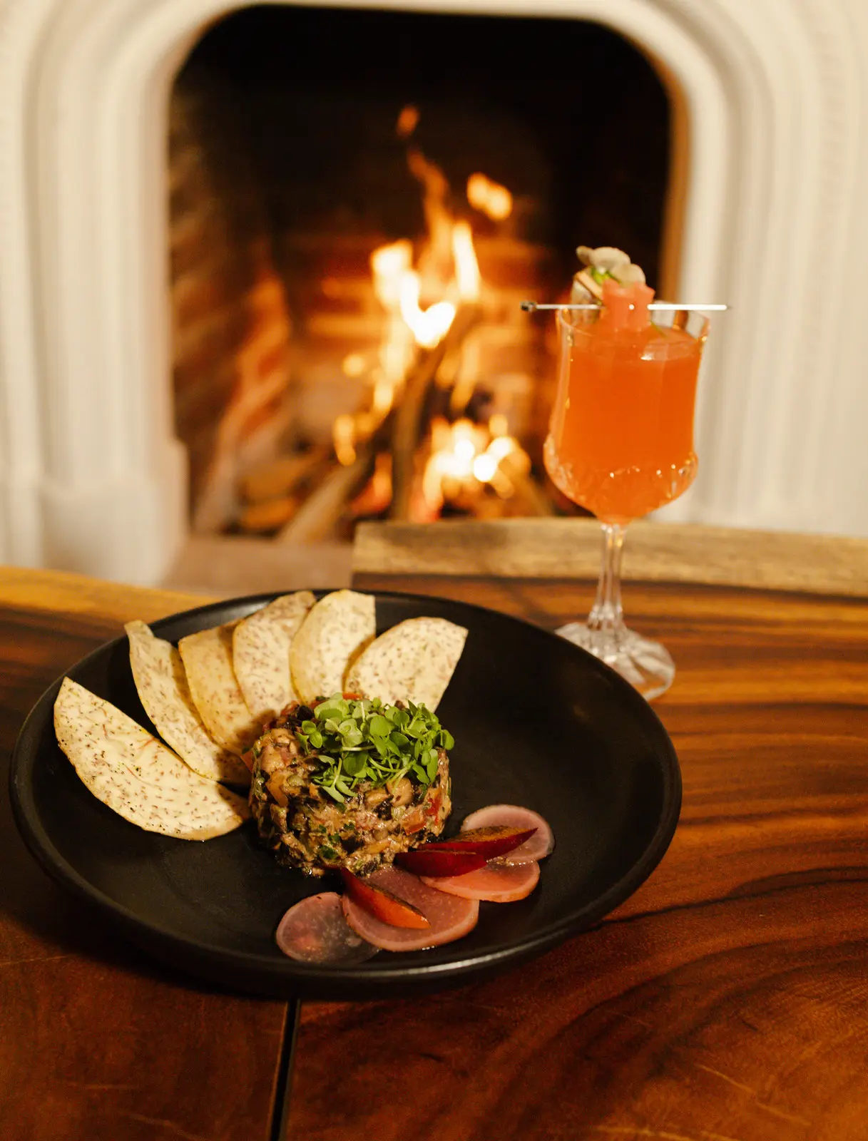 Mushroom tartare with grilled peach and a mezcal cocktail at Rosanta, Antigua Guatemala
