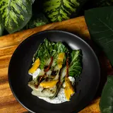 Grilled bok choy over dill yogurt with orange and roasted tomatoes