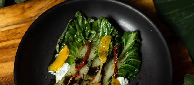 Grilled bok choy over dill yogurt with orange and roasted tomatoes
